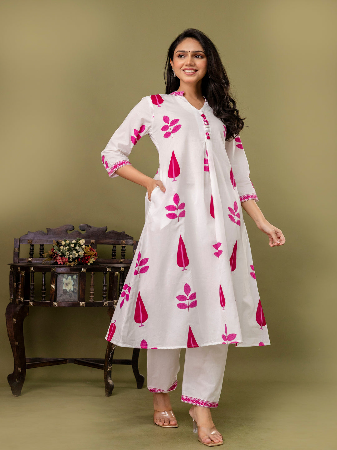 Pink Aline Cotton Printed Kurta With Pant