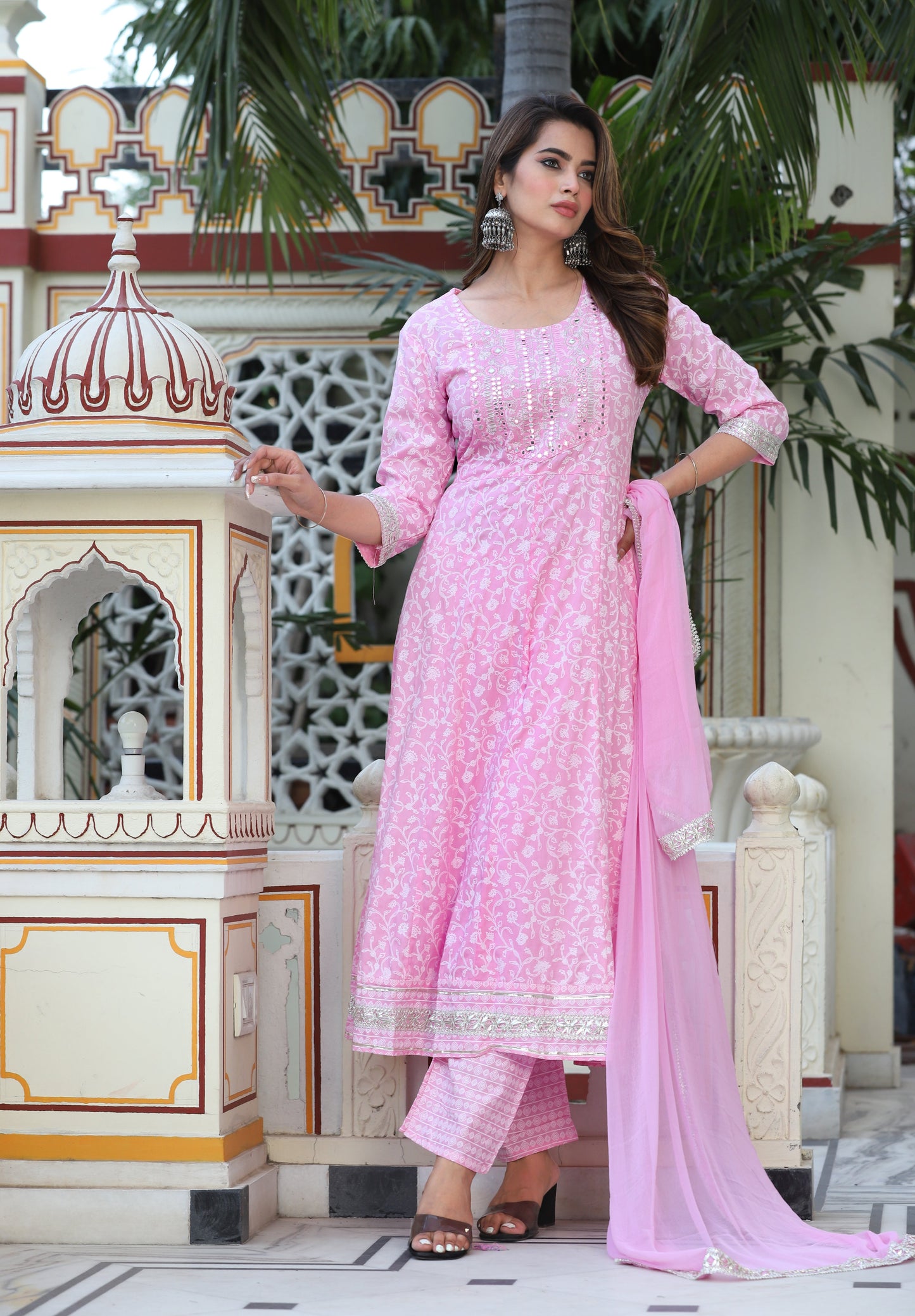 Pink Anarkali Rayon Printed Embroiderd Kurta With Pant And Dupatta