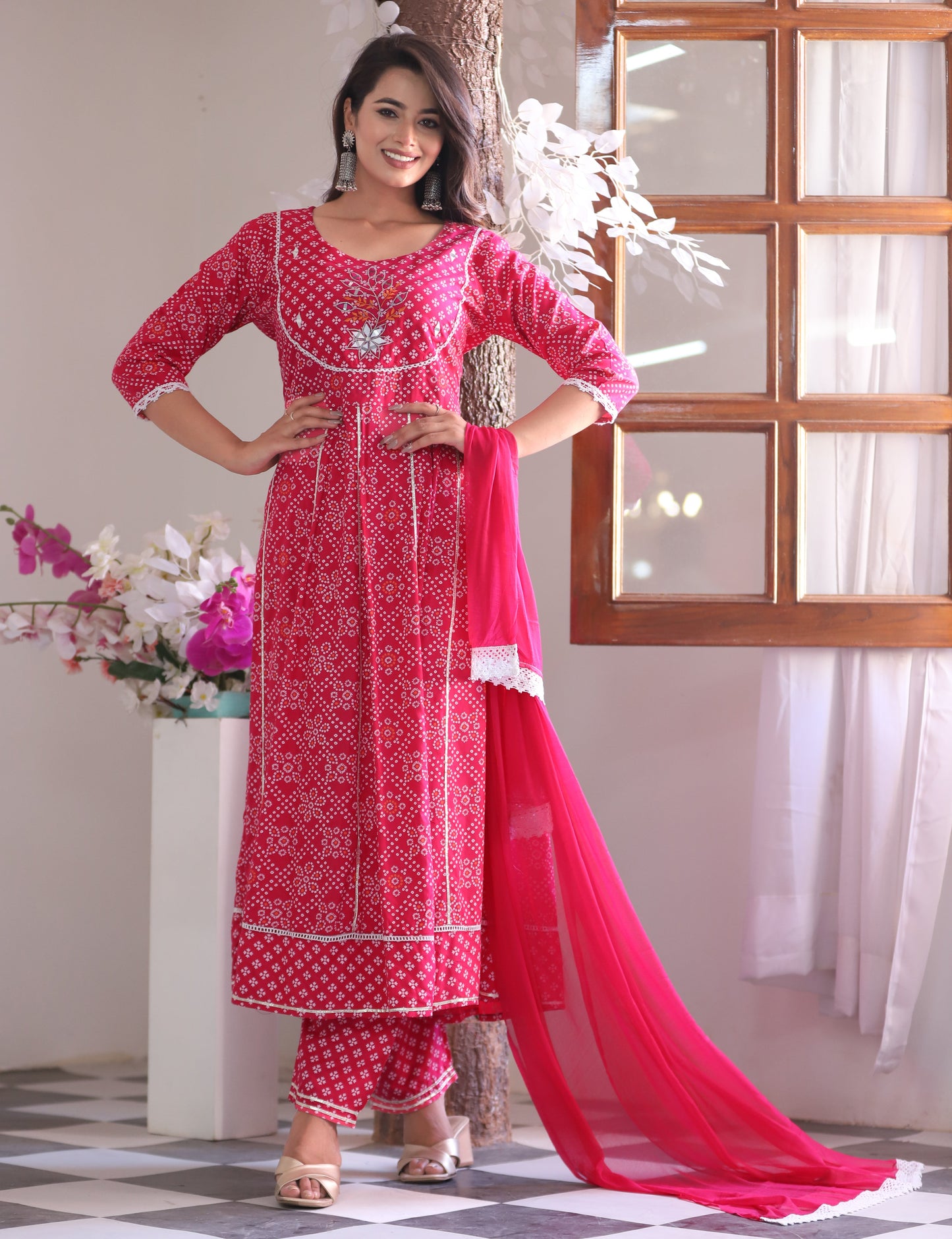 Pink Anarkali Rayon Printed Embroidered Kurta With Pant Dupatta