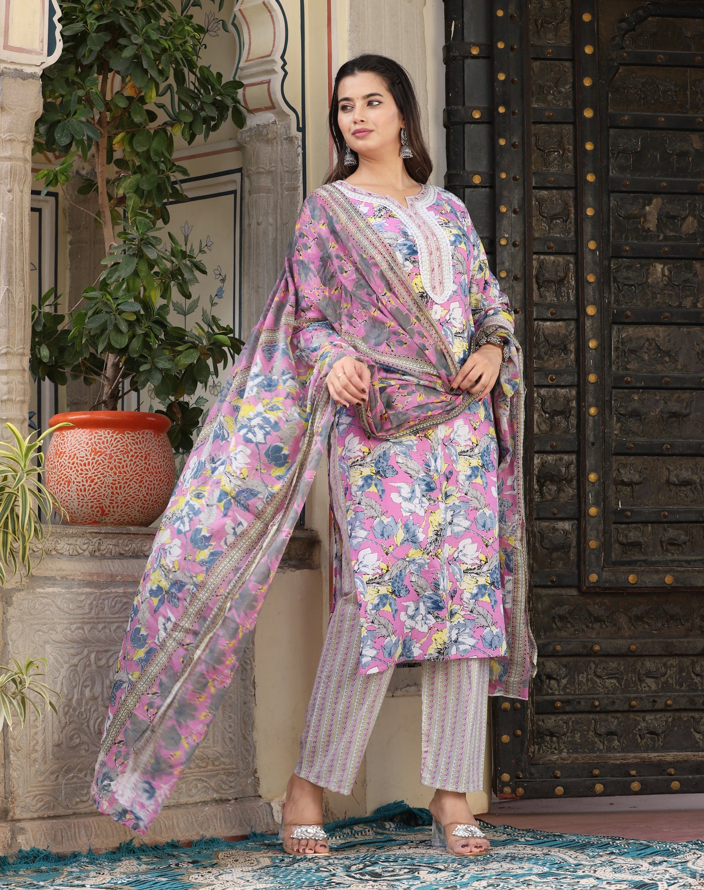 Pink Straight Cotton Printed Kurta With Pant And Dupatta
