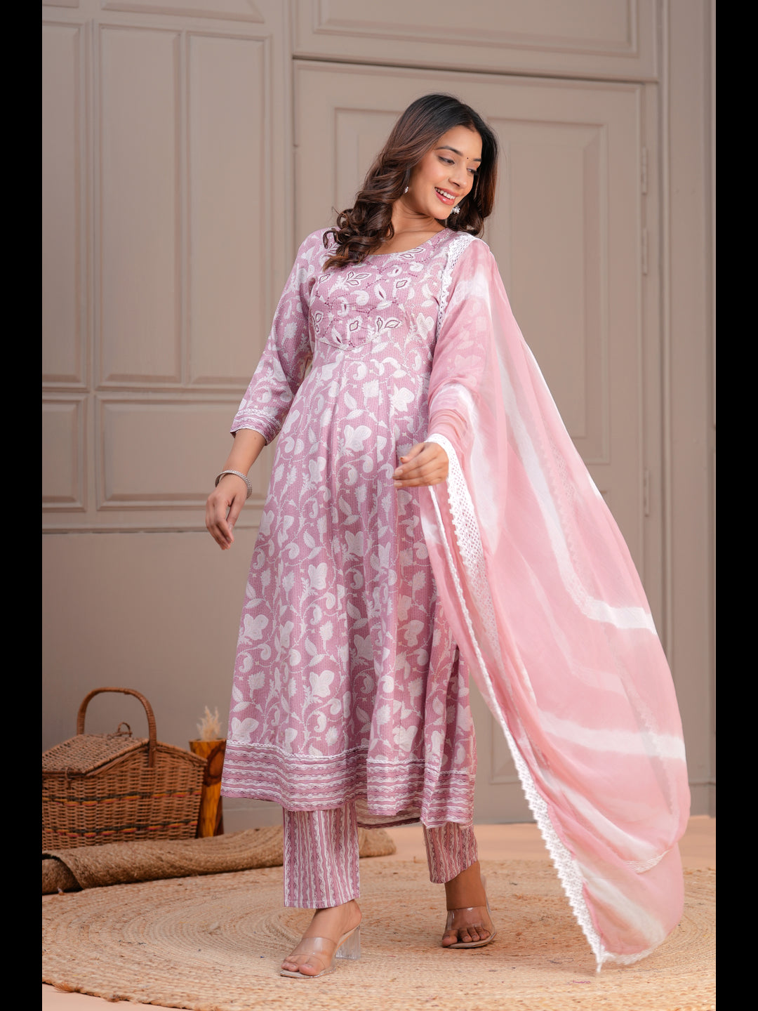 Pink Printed Anarkali Rayon Kurta With Pant And Dupatta