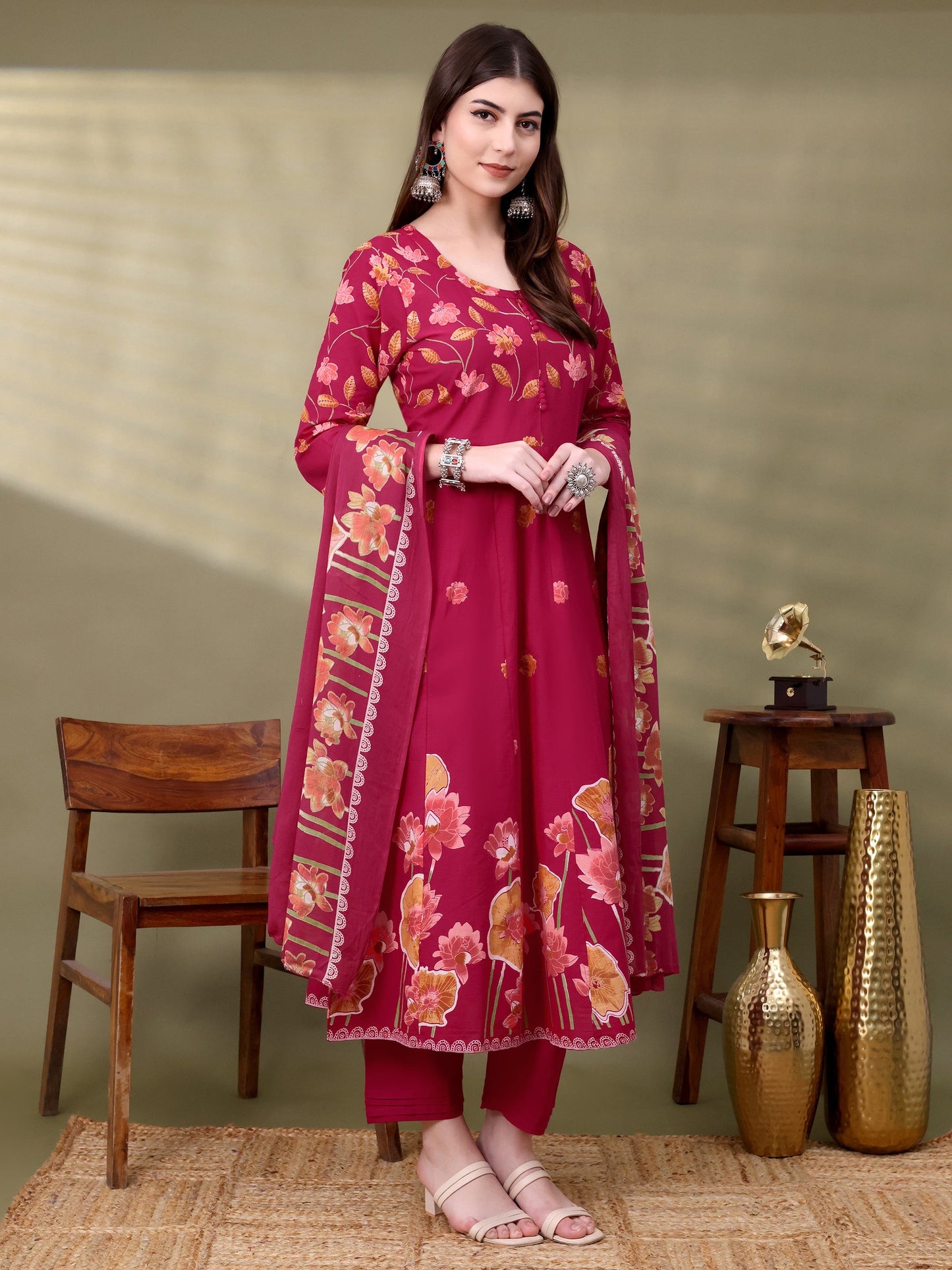 Pink Cotton Self Design Kurta Sets