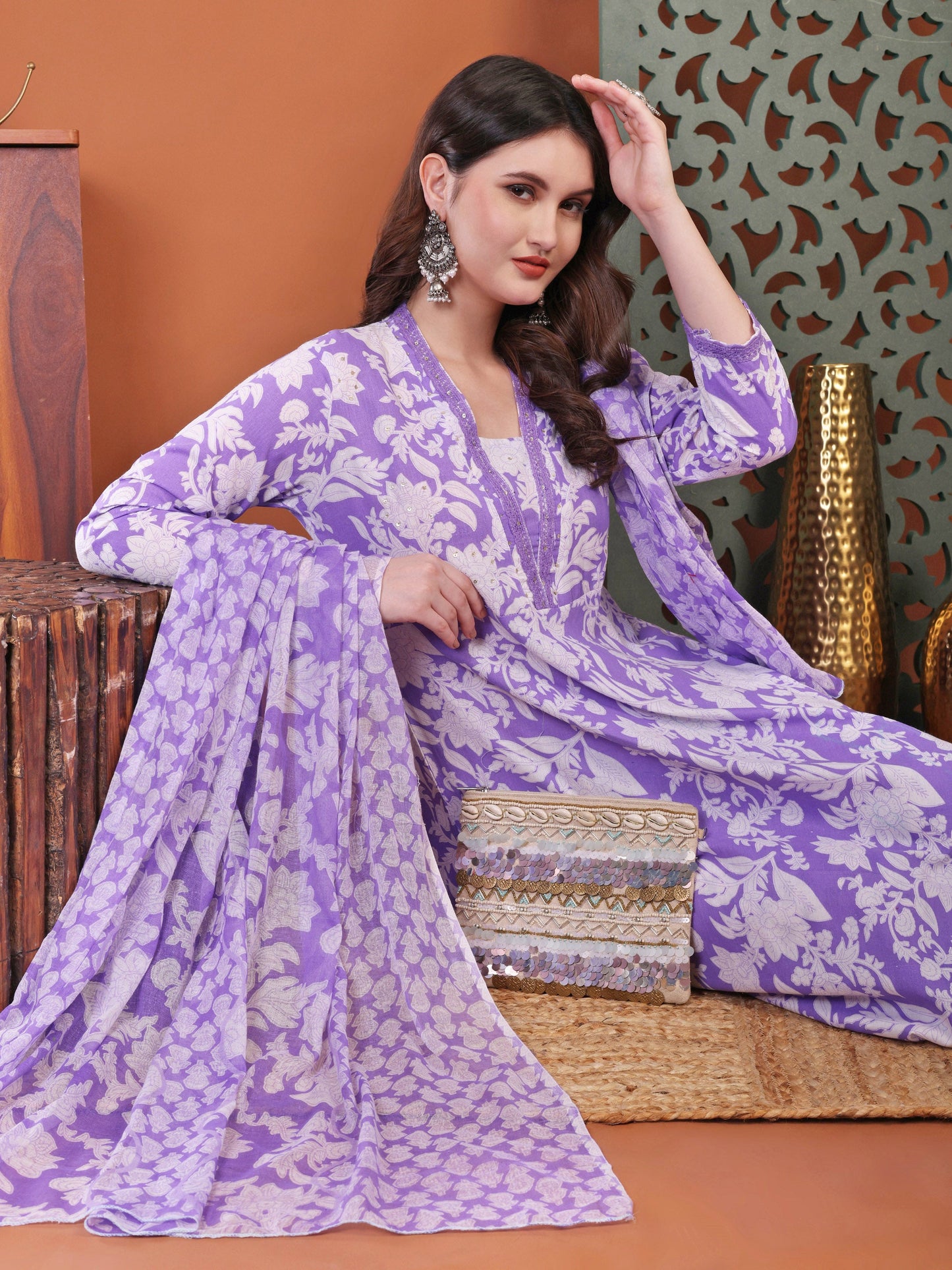 Purple Anarkali Cotton Printed Selfdesign Kurta With Pant And Dupatta