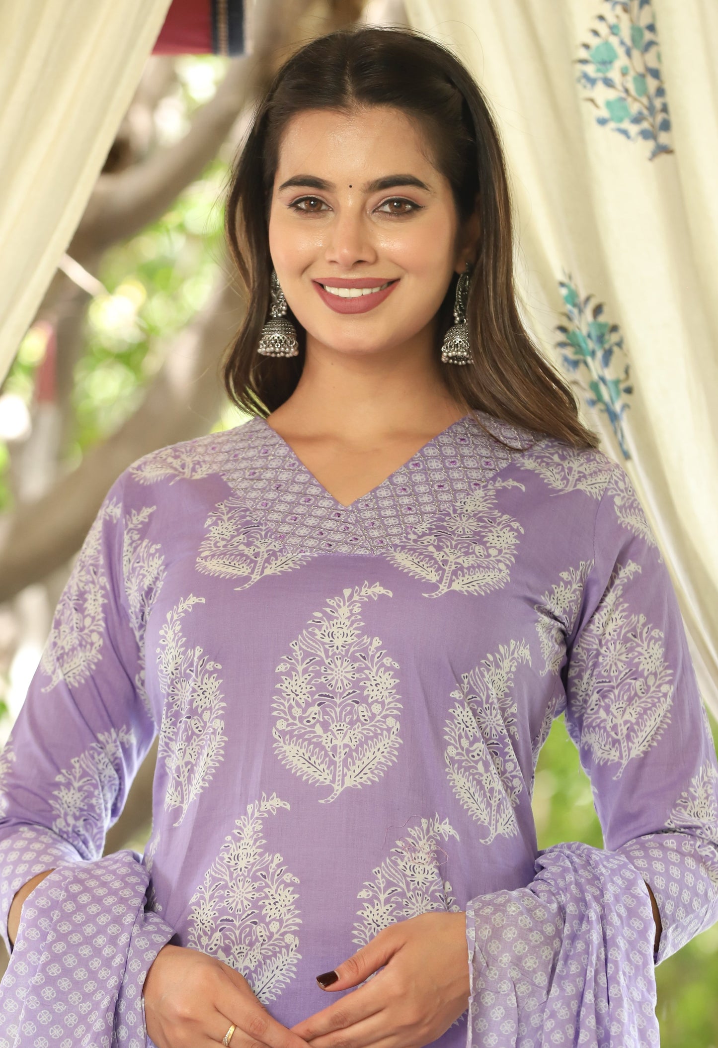 Purple Straight Cotton Printed Kurta With Pant And Dupatta