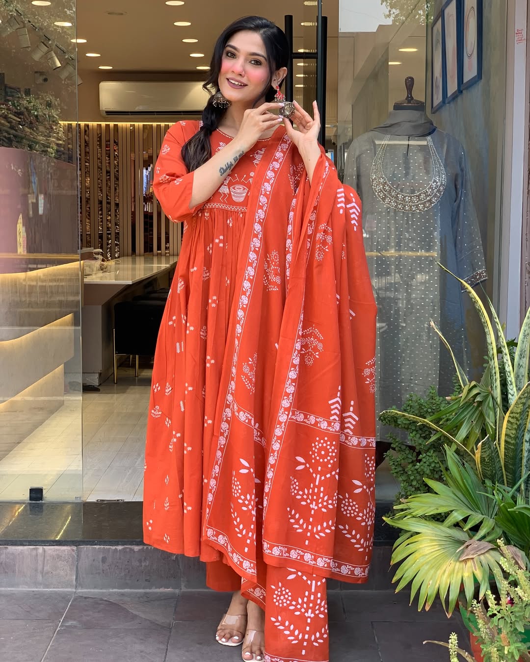 Rust Anarkali Cotton Printd Embellished Kurta With Pant And Dupatta