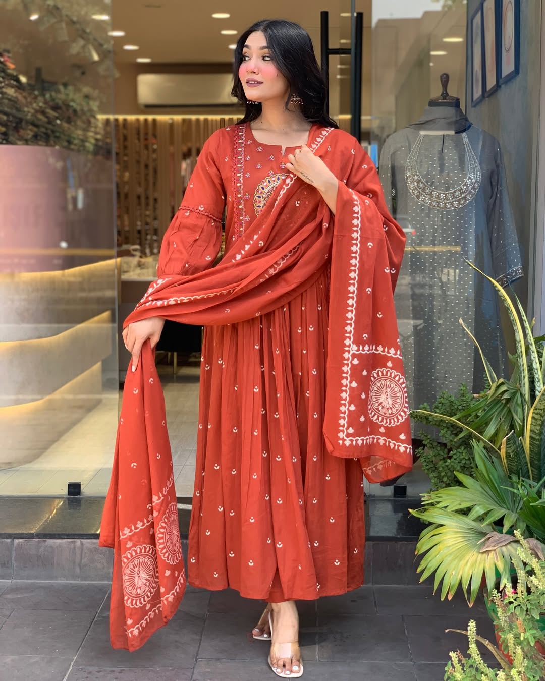 Rust Anarkali Cotton Printd Embellished Kurta With Pant And Dupatta