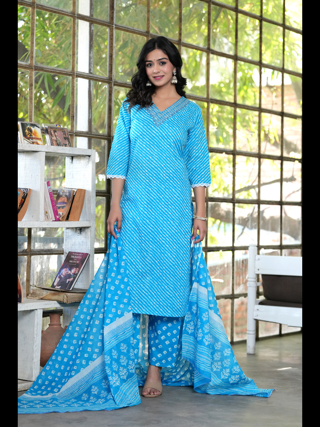 Aqua Straight Printed Cotton Kurta Bottom With Dupatta
