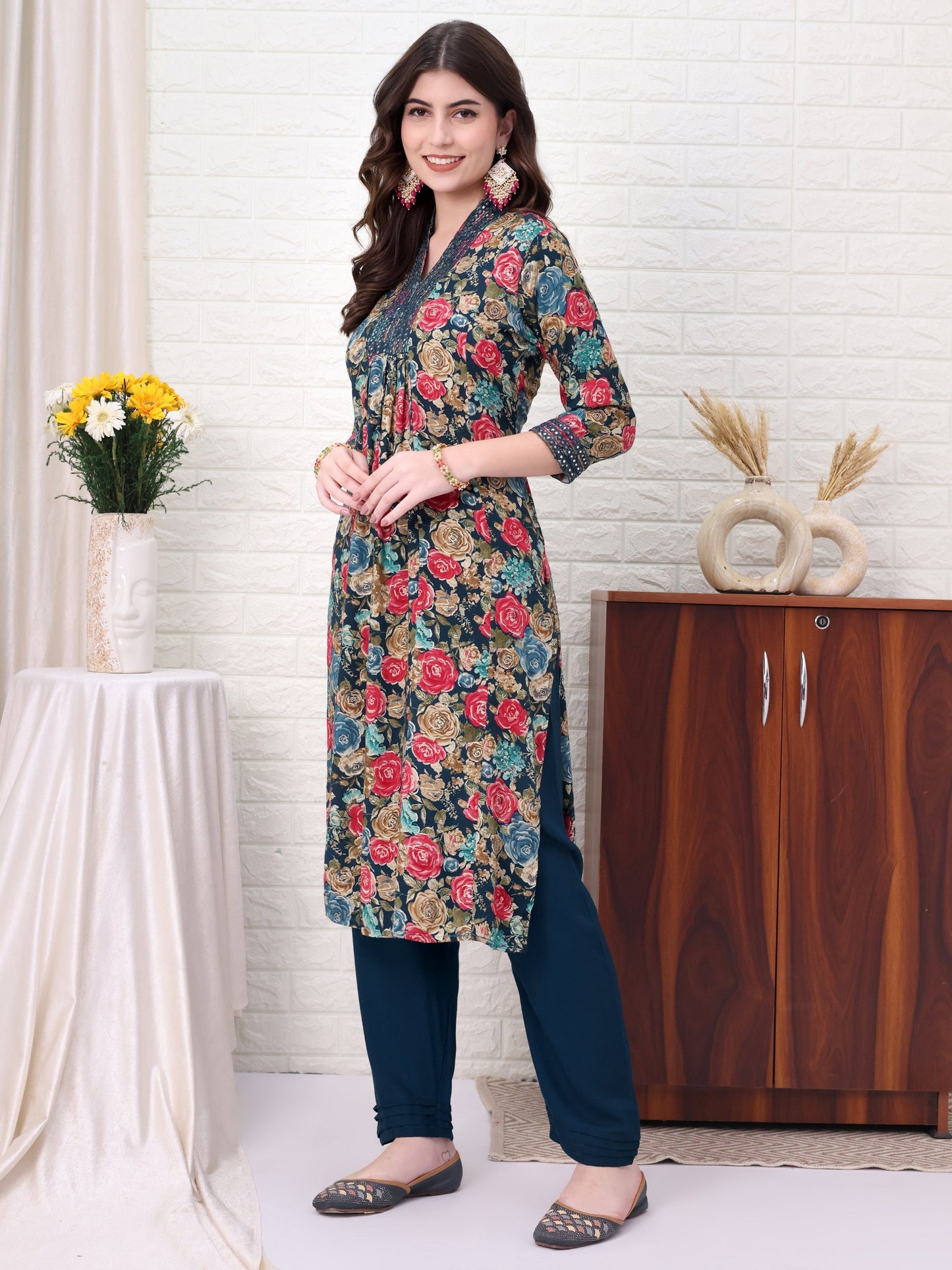 Blue Rayon Self Design Kurta Sets