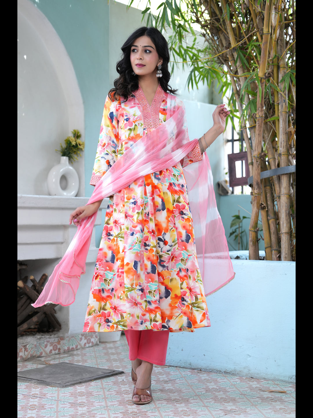Multi Printed A-Line Rayon Kurta With Pant And Dupatta