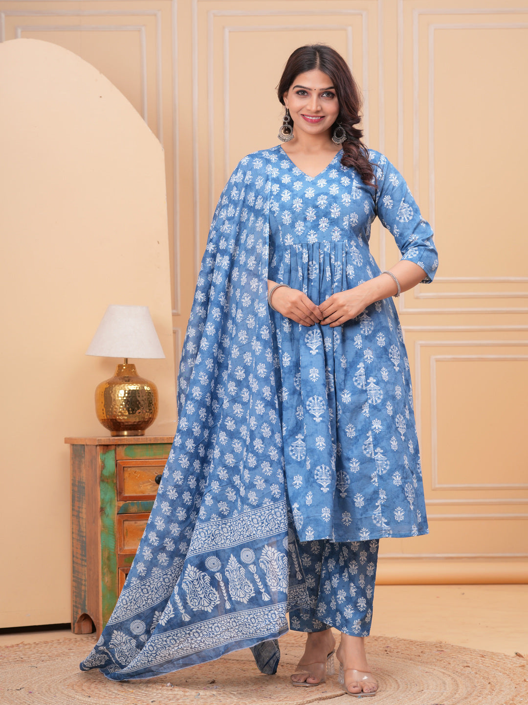 Turquoise Aline Cotton Printed Kurta With Pant And Dupatta