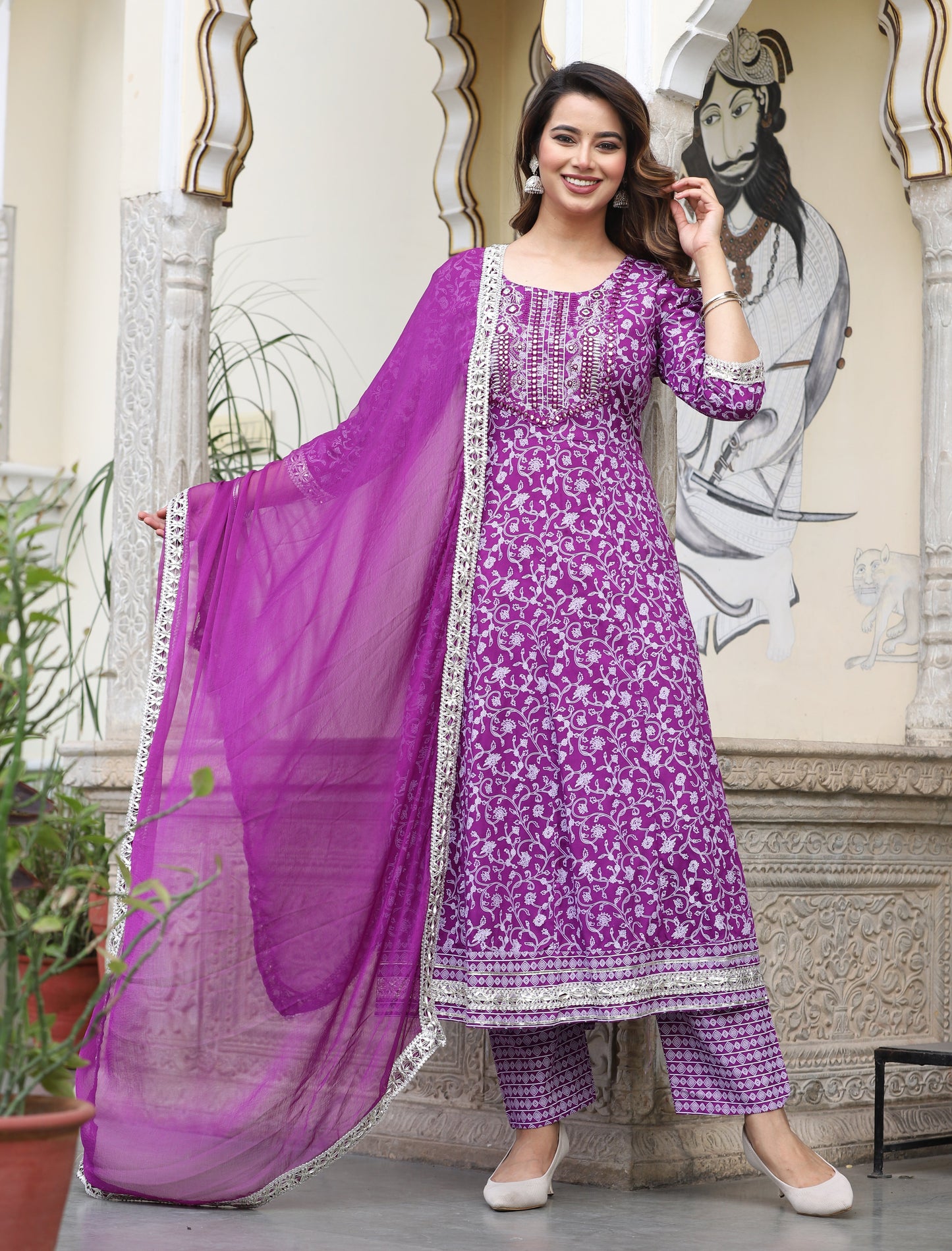 Wine Anarkali Rayon Printed Embroiderd Kurta With Pant And Dupatta
