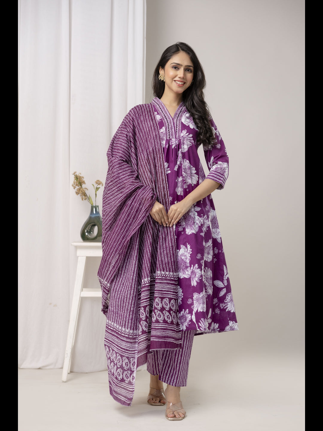Wine Printed Cotton A-Line Kurta With Pant And Dupatta