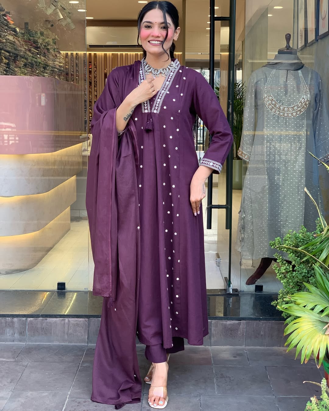 Wine Anarkali Cotton Printd Embellished Kurta With Pant And Dupatta