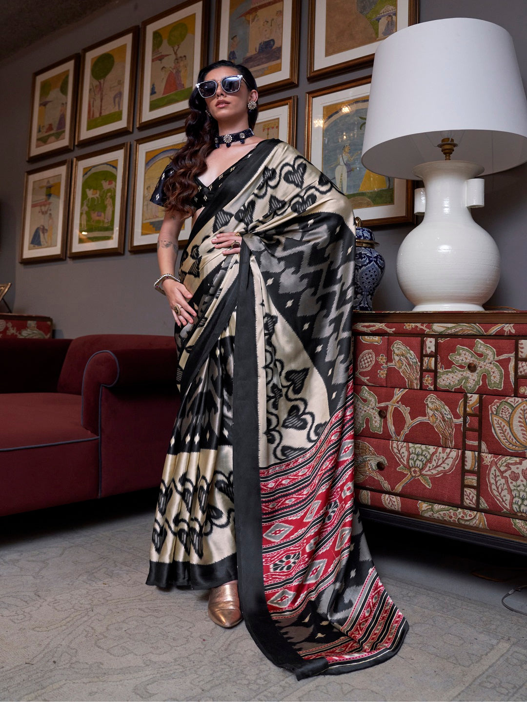 Black Printed Satin Saree with Unstitched Blouse Piece (Pre-Order)