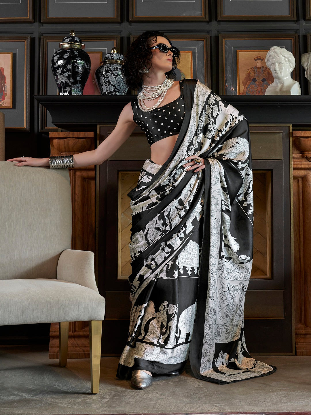 White Printed Satin Saree with Unstitched Blouse Piece