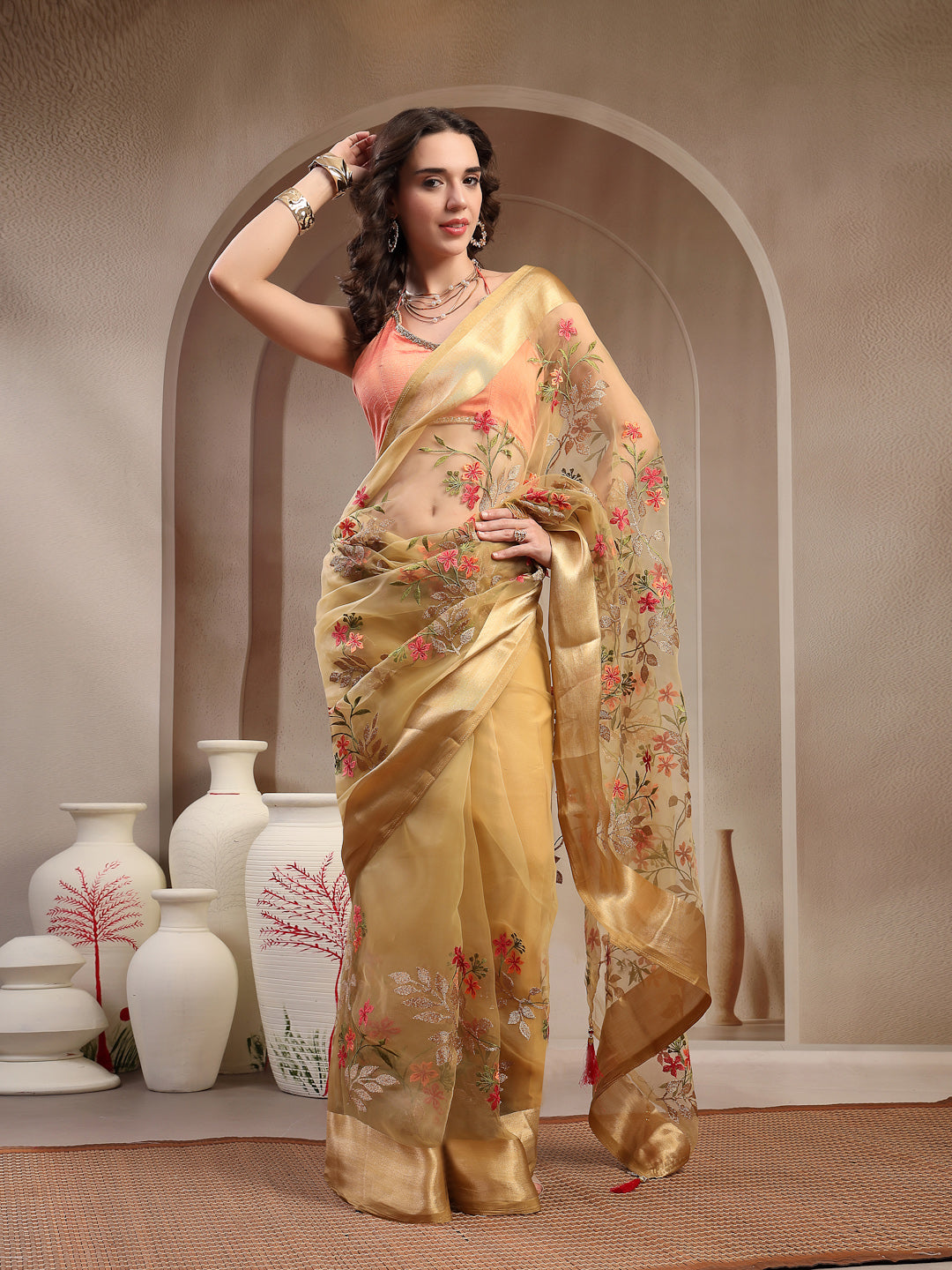Beige Solid & Embroidered Super Net Saree With Unstitched Blouse