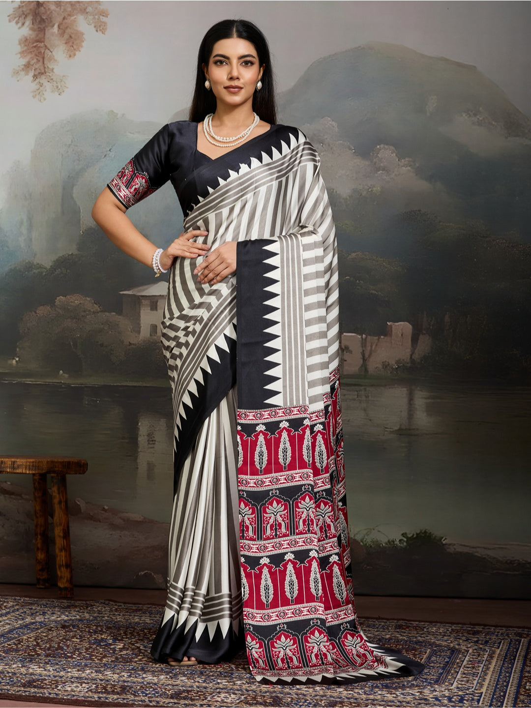 Ajrakh Printed Modal Satin Saree With Unstitched Blouse Piece