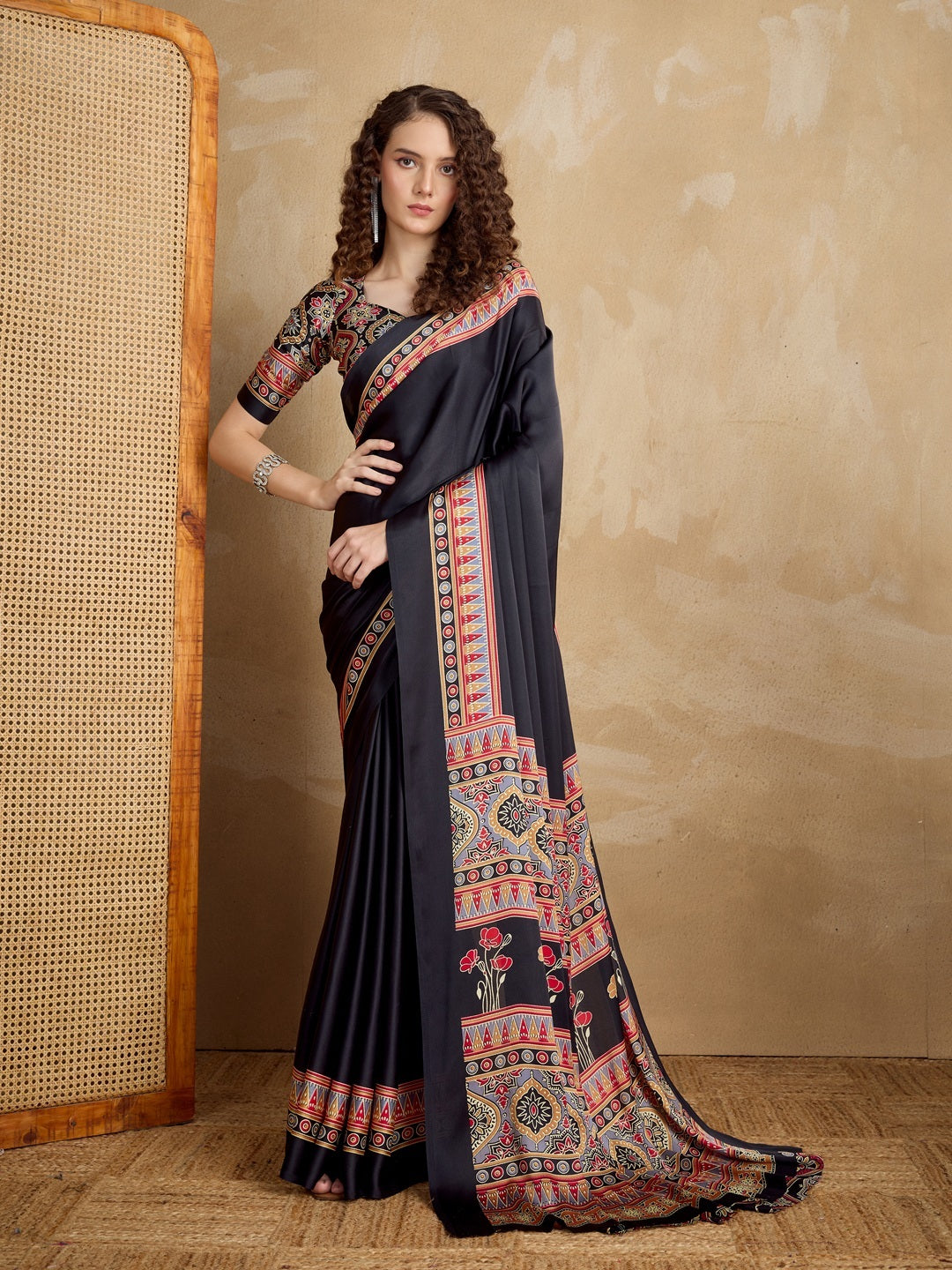 Black Ajrakh Printed Silk Blend Saree With Unstitched Blouse Piece