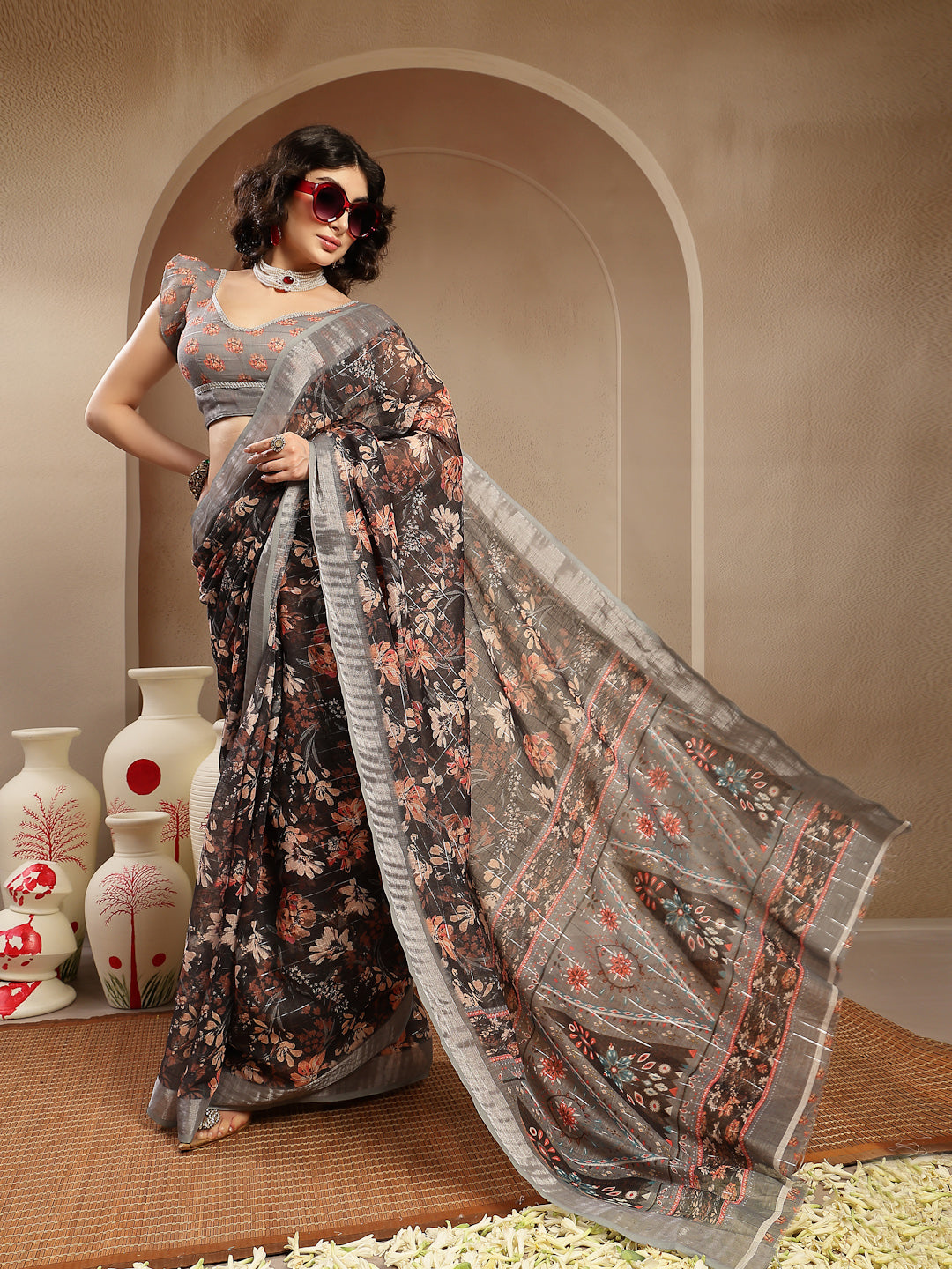 Black Floral Printed Cotton Blend Saree With Unstitched Blouse Piece (Pre-Order)
