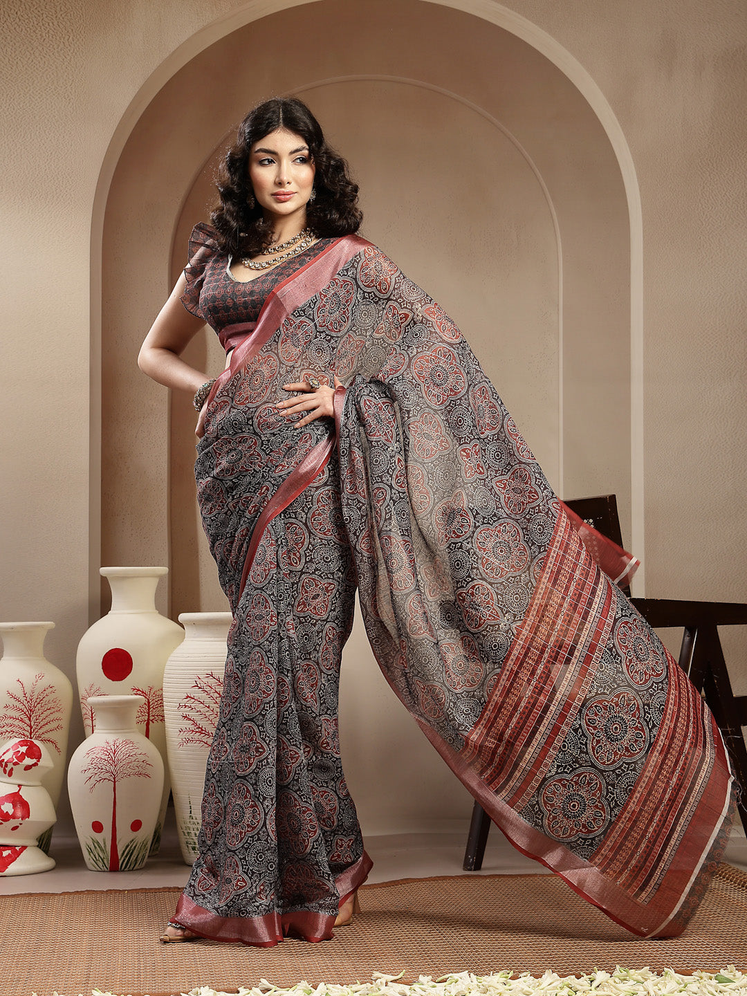 Blue Ajrak Printed Cotton Blend Saree With Unstitched Blouse Piece (Pre-Order)