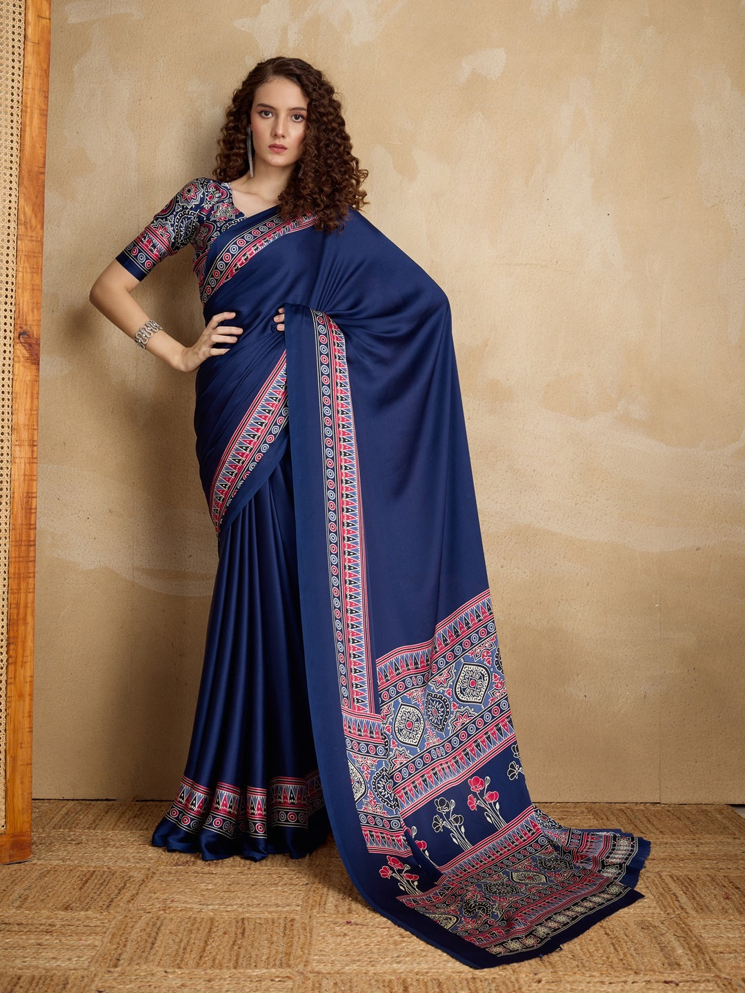 Blue Ajrakh Printed Silk Blend Saree With Unstitched Blouse Piece