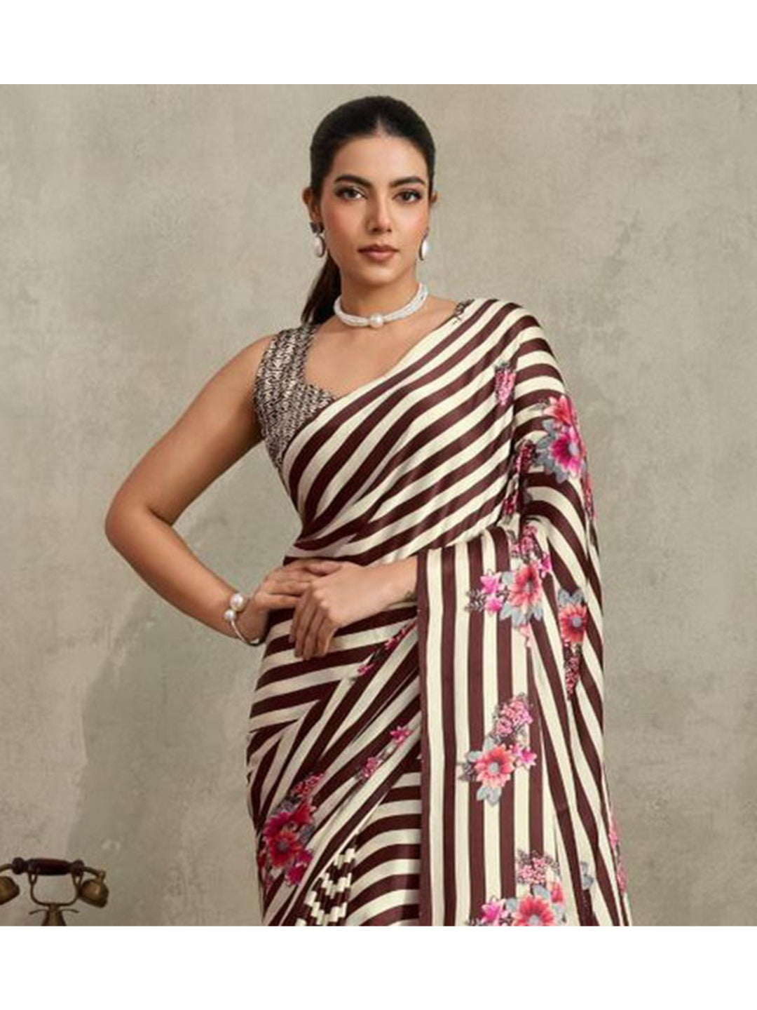 Floral Printed Satin Saree With Unstitched Blouse Piece