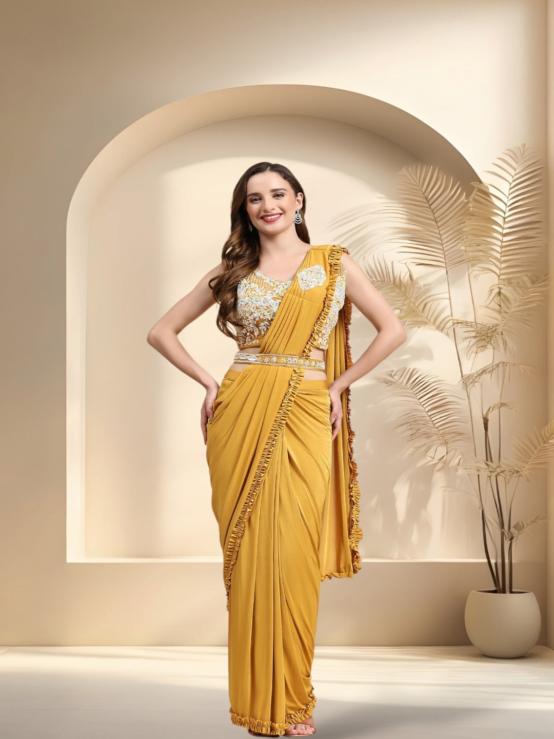 Mustard Party Wear Patchwork & Ruffled Ready To Wear Lycra Saree (Pre-Order)