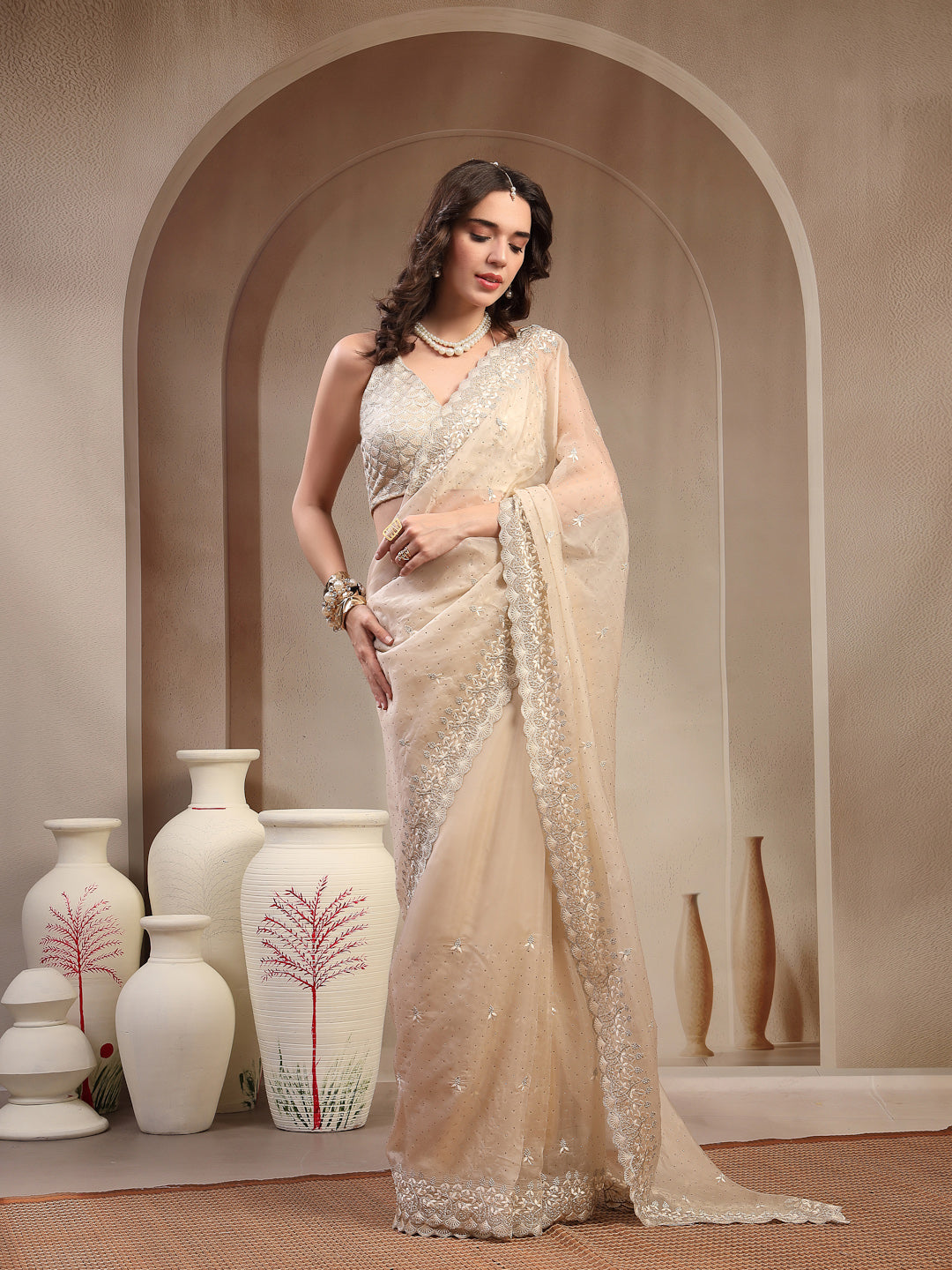 Cream Solid & Embroidered Organza Saree With Unstitched Blouse (Pre-Order)