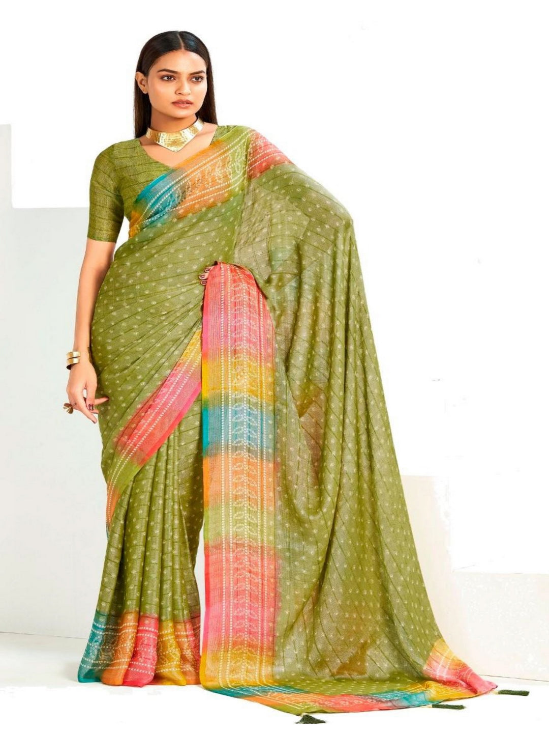 Rama Green Bandhani Printed Shimmer Net Saree With Unstitched Blouse Piece (Pre-Order)