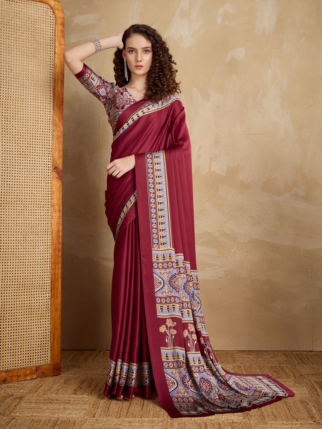 Maroon Ajrakh Printed Silk Blend Saree With Unstitched Blouse Piece