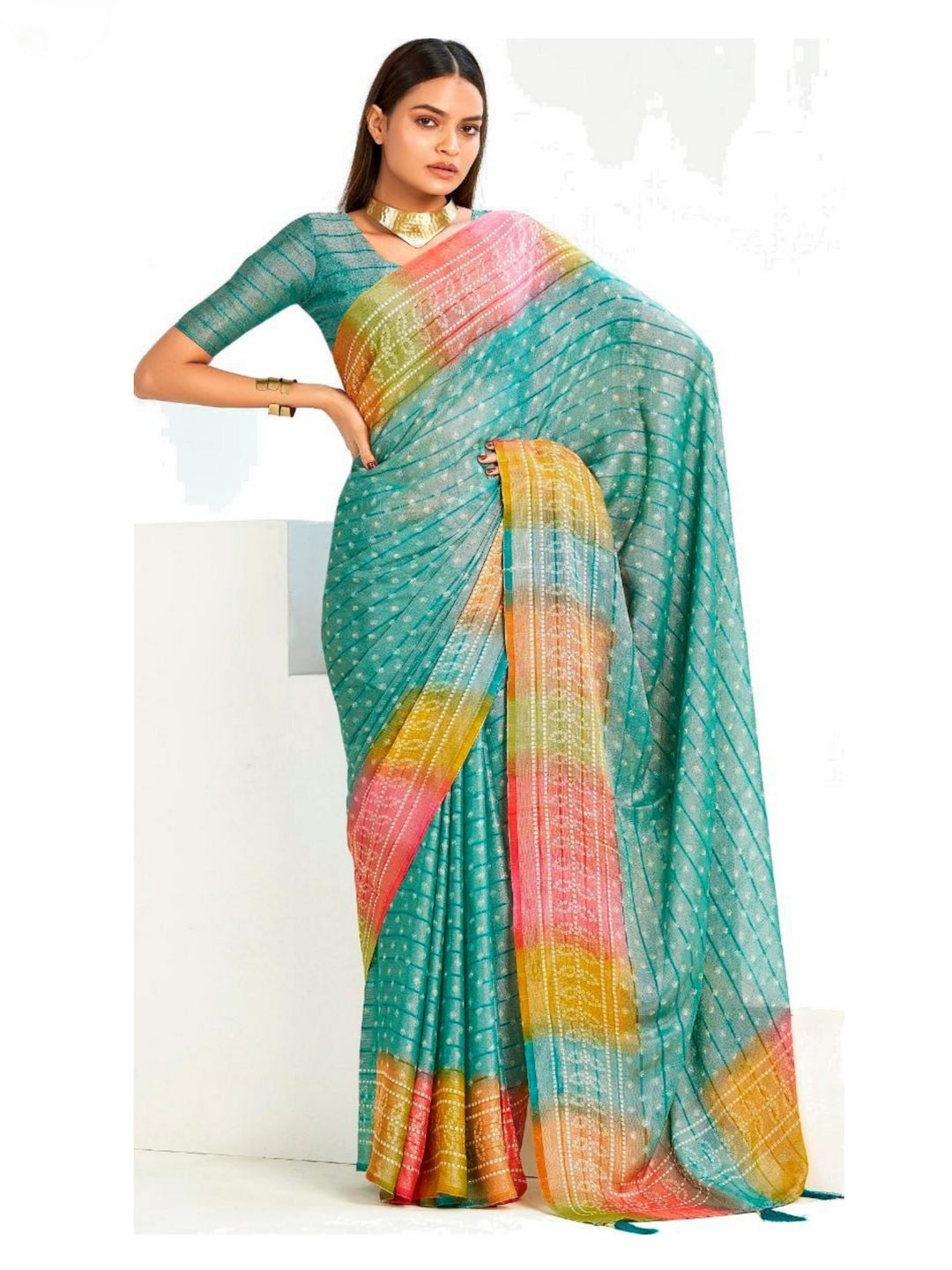 Rama Green Bandhani Printed Shimmer Net Saree With Unstitched Blouse Piece