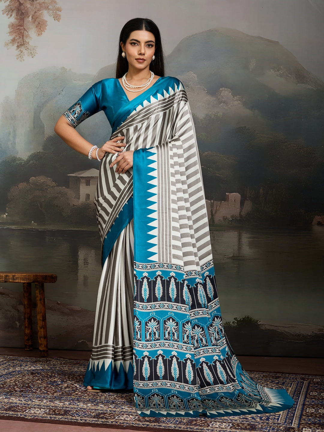 Ajrakh Printed Modal Satin Saree With Unstitched Blouse Piece