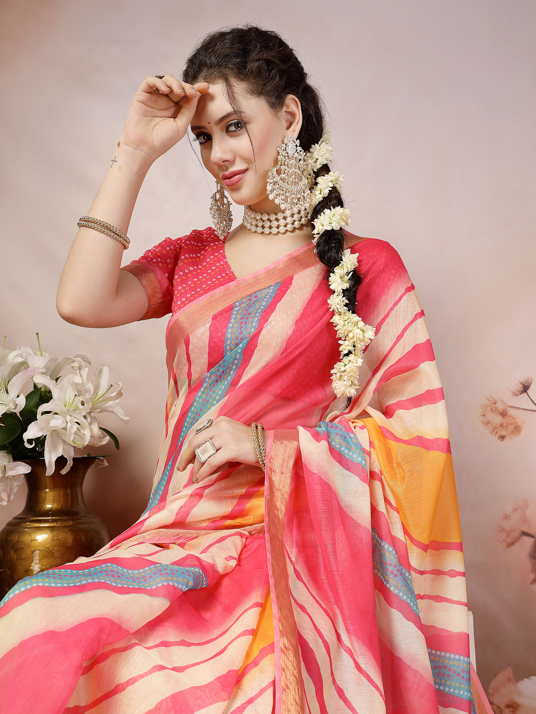 Pink Leheriya Bandhej Zari Cotton Blend Saree