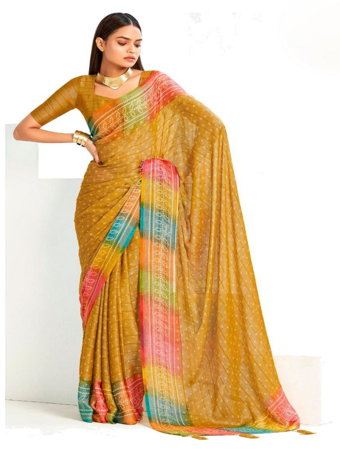 Yellow Bandhani Printed Shimmer Net Saree With Unstitched Blouse Piece