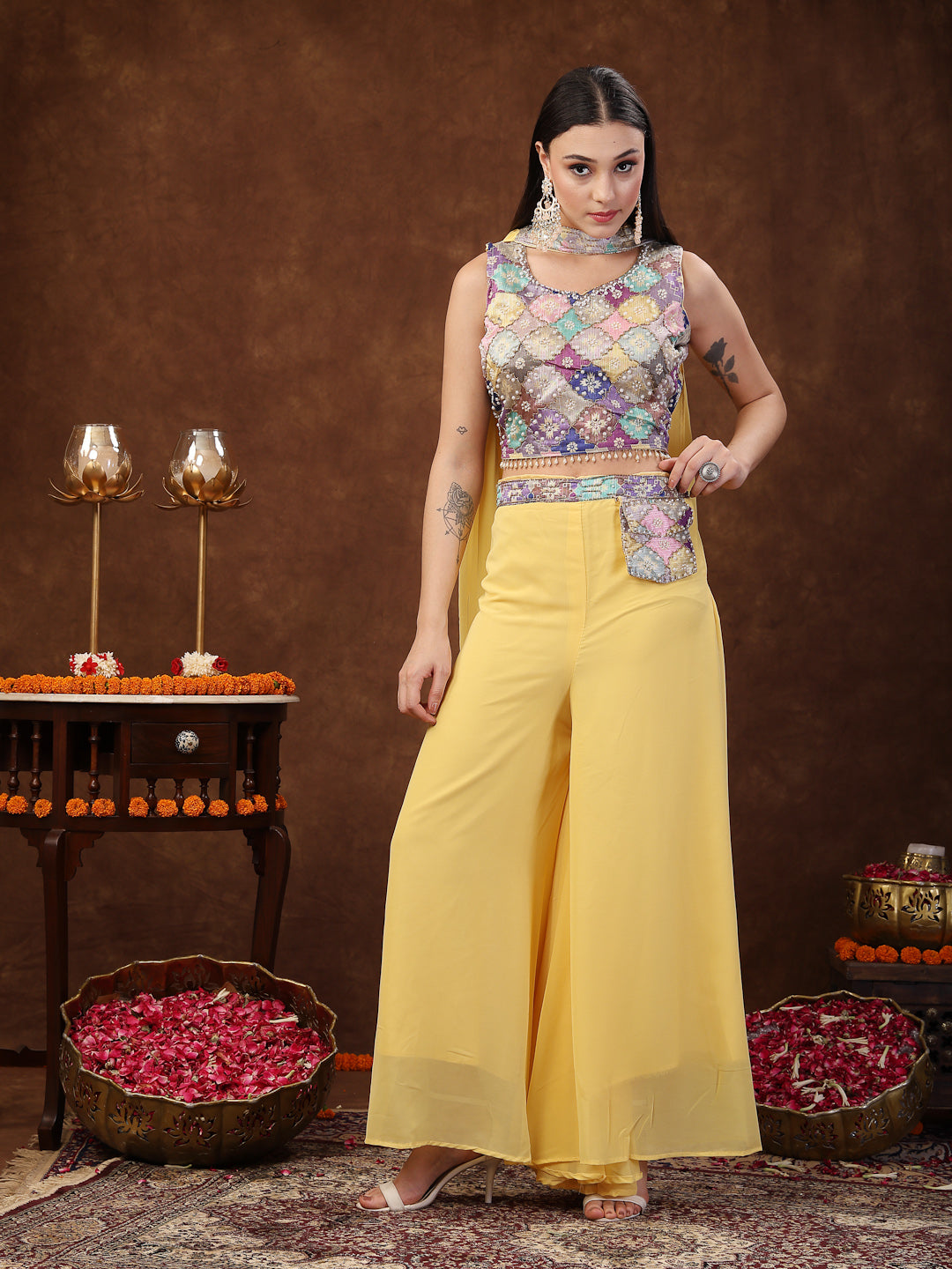 Yellow Embellished Party Wear Georgette Palazzo & Blouse With Dupatta