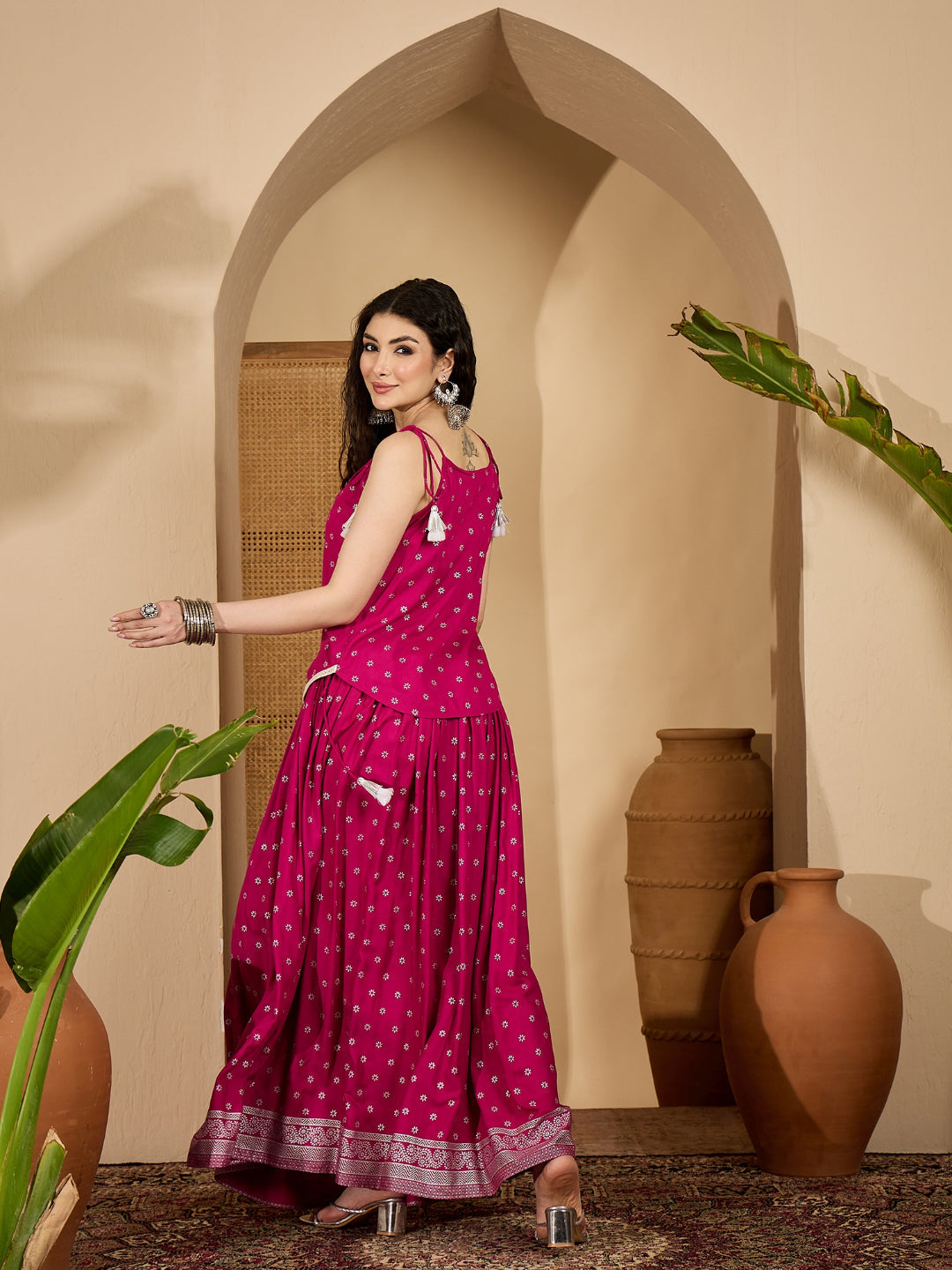 Pink Ethnic Printed Rayon Vest Top With Skirt