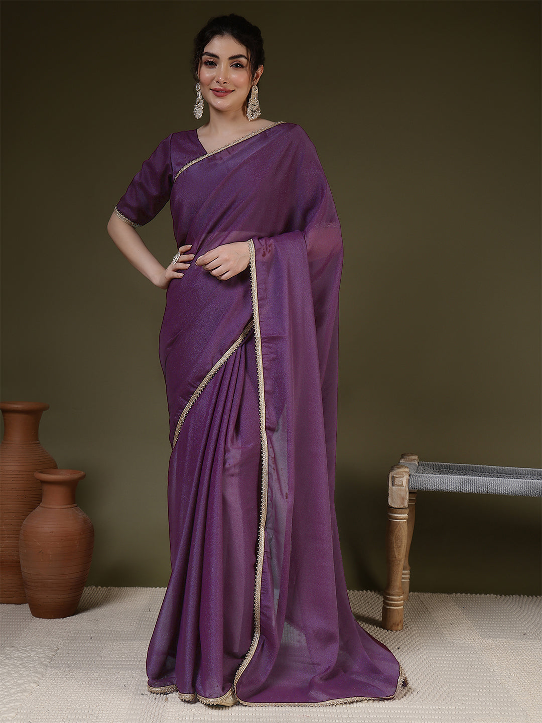 Burgundy Saree embellished with lace & Unstitched blouse
