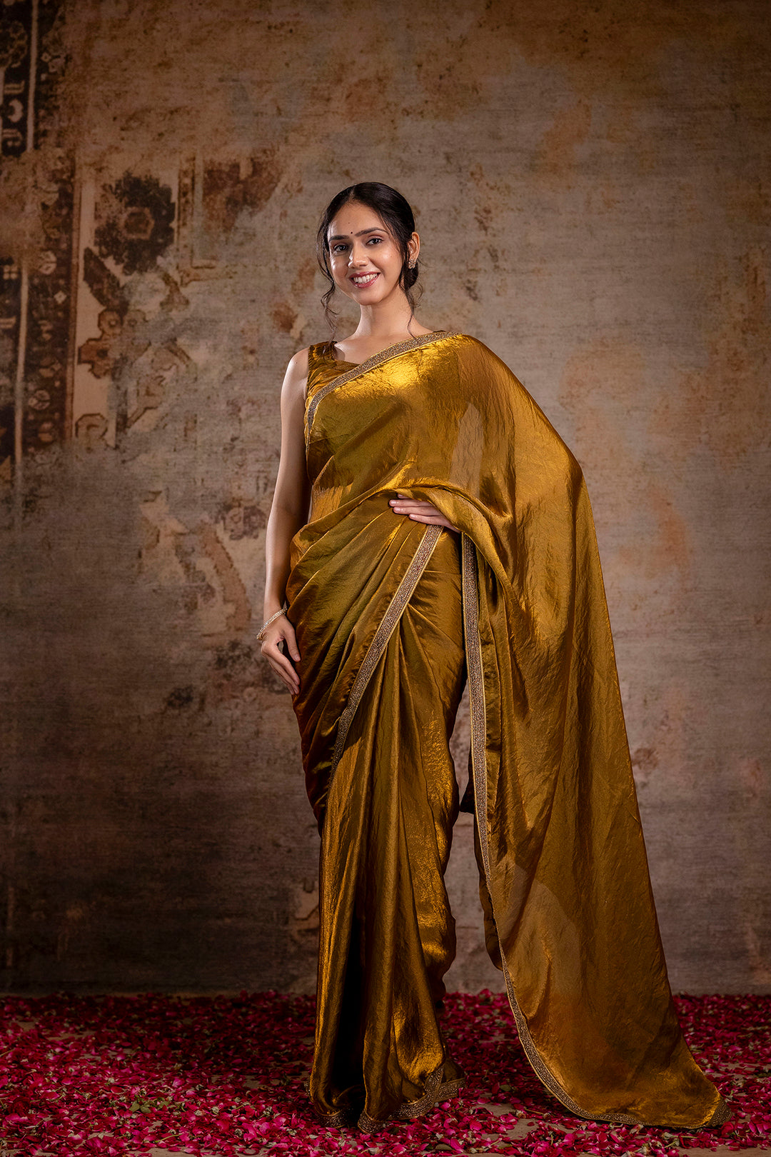 Golden Saree embellished with lace & Unstitched blouse
