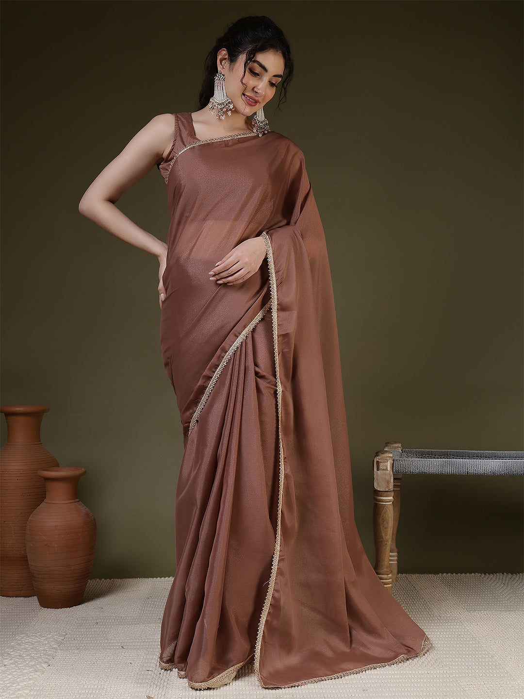 Brown Saree embellished with lace & Unstitched blouse