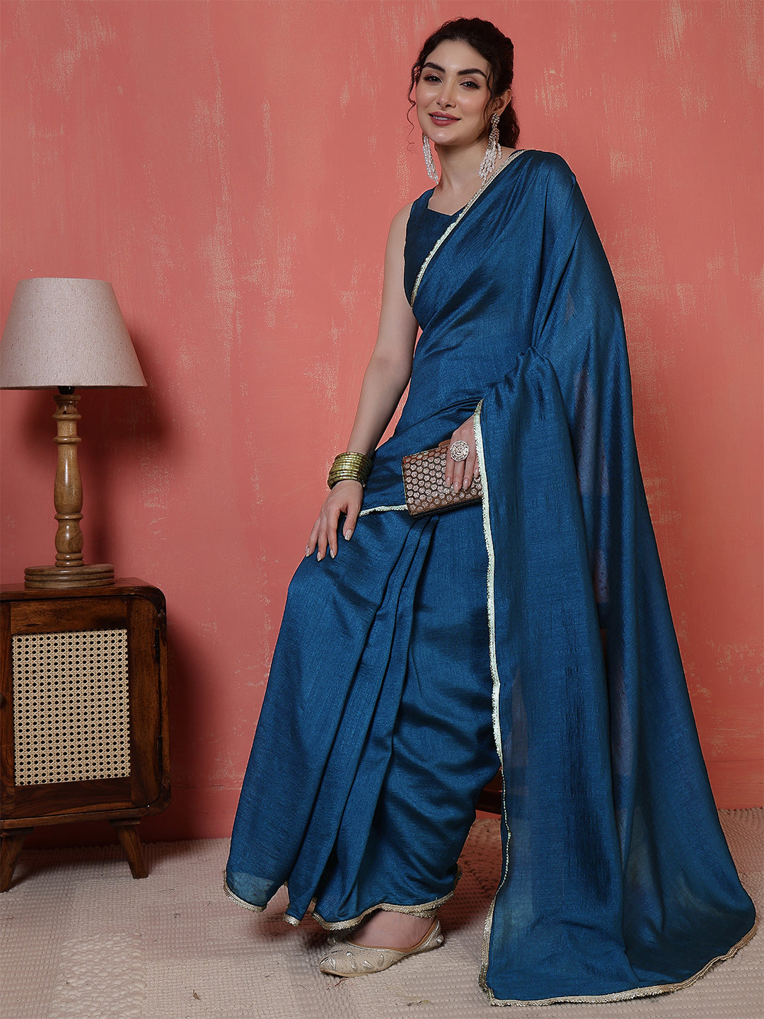 Teal Blue Saree embellished with lace & Unstitched blouse