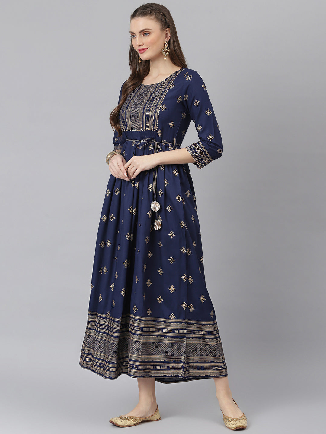 Women Gold Printed Rayon Flared Kurta (Pre-Order)