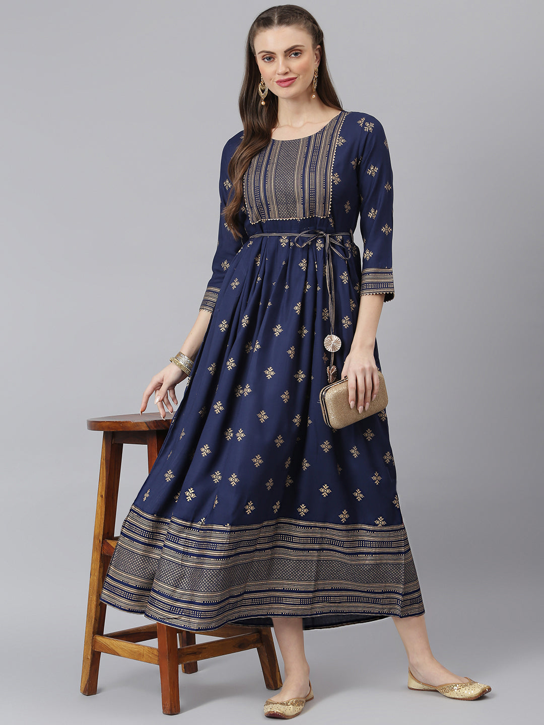 Women Gold Printed Rayon Flared Kurta (Pre-Order)