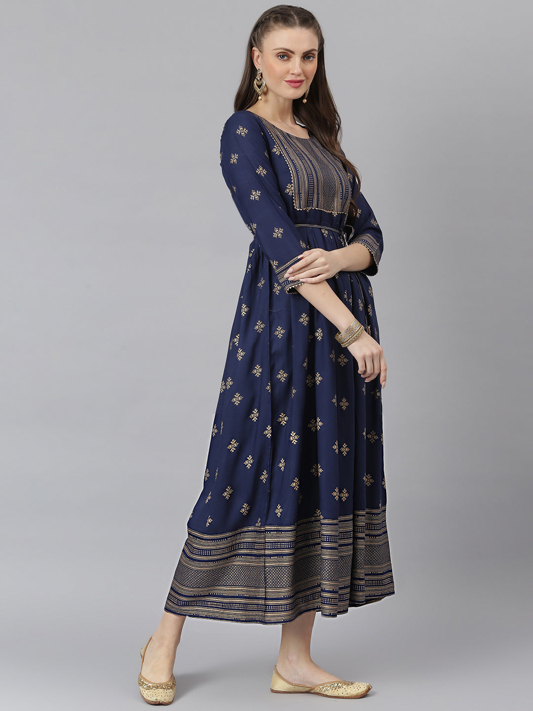 Women Gold Printed Rayon Flared Kurta (Pre-Order)