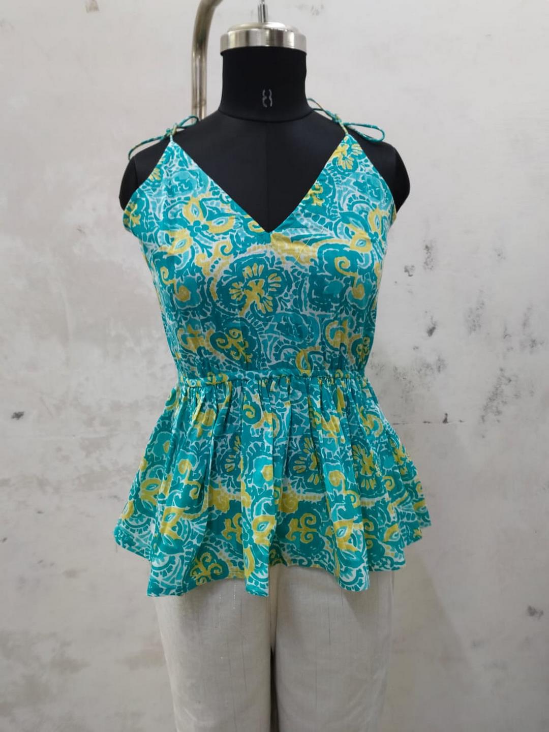 Blue Floral Printed Cotton Short Peplum Top