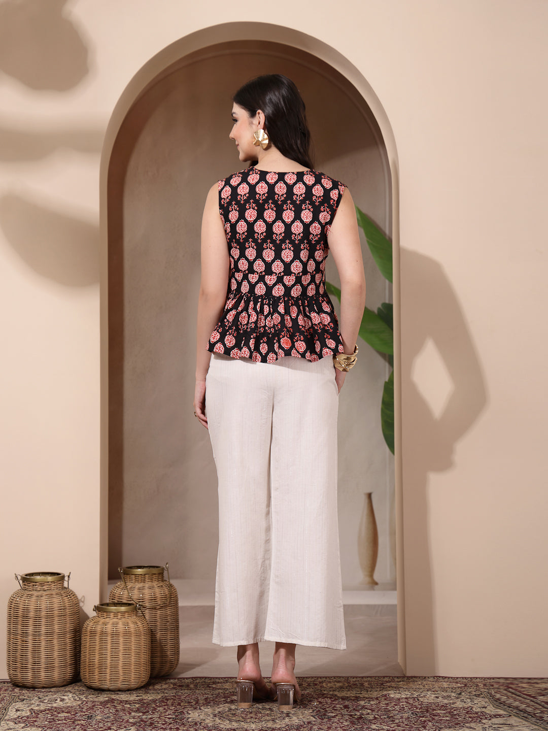 Women's Black Floral Printed Cotton Empire Top