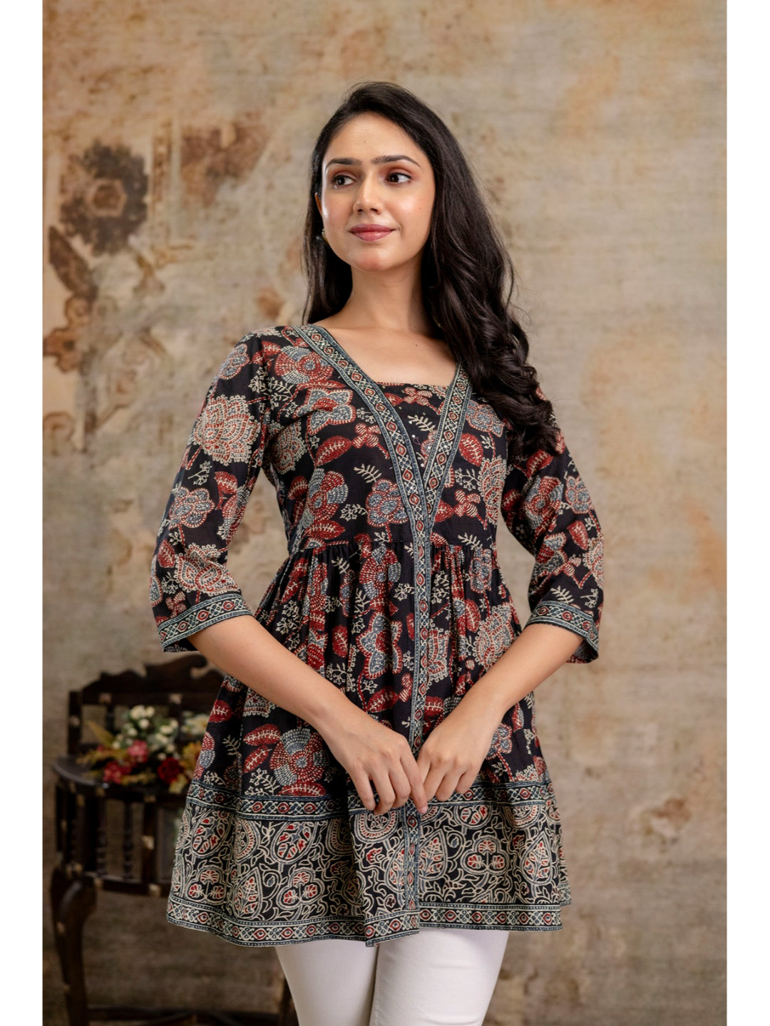 Black Floral Printed Cotton Peplum Top