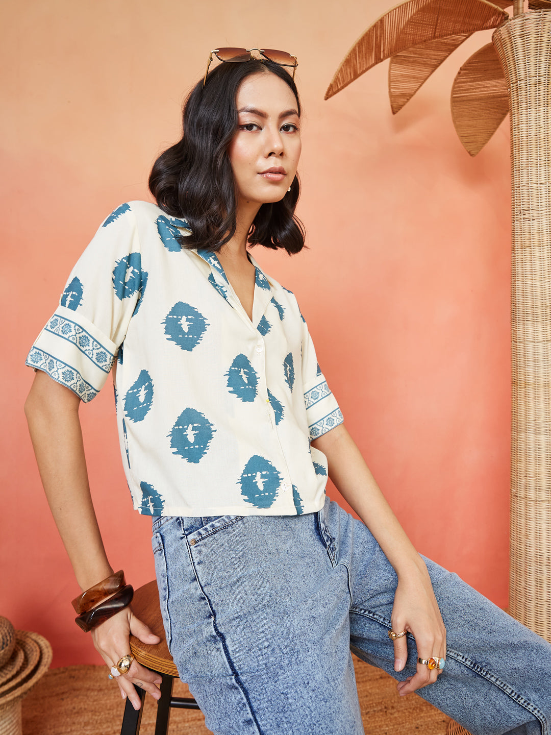Women's Ikkat Printed Cotton Shirt Style Top