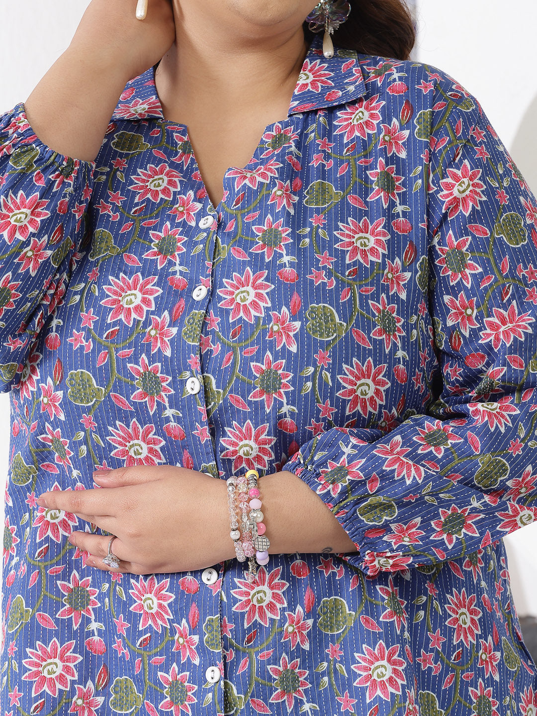 Plus Size Floral Printed Cotton Shirt Style Top