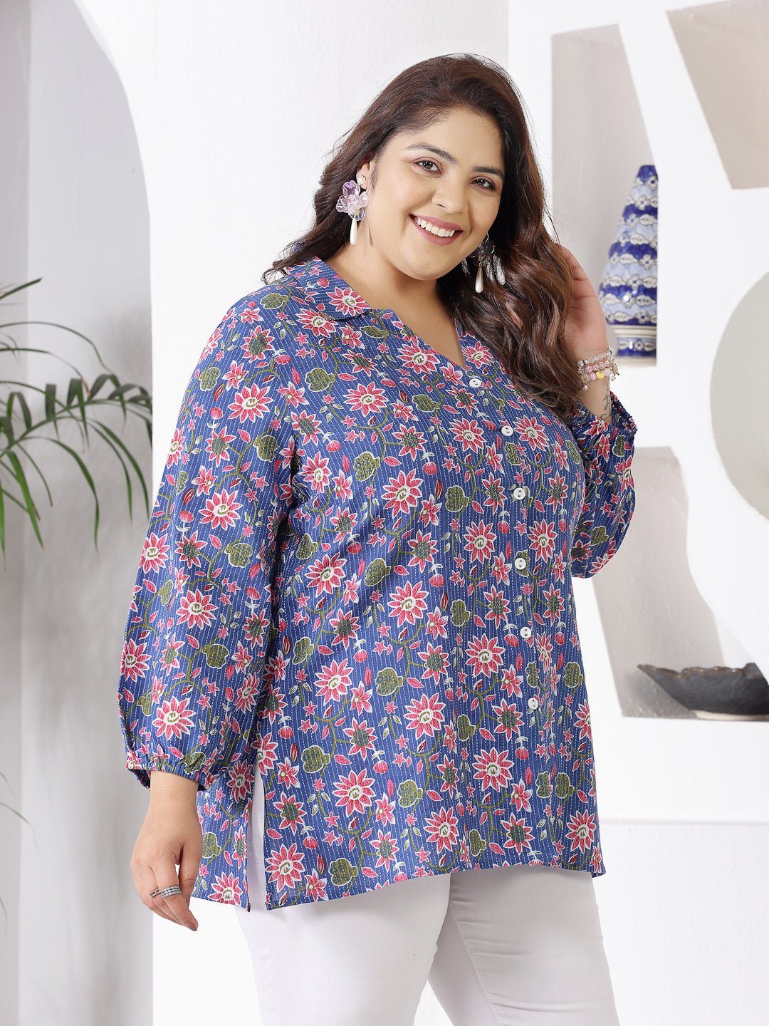 Plus Size Floral Printed Cotton Shirt Style Top