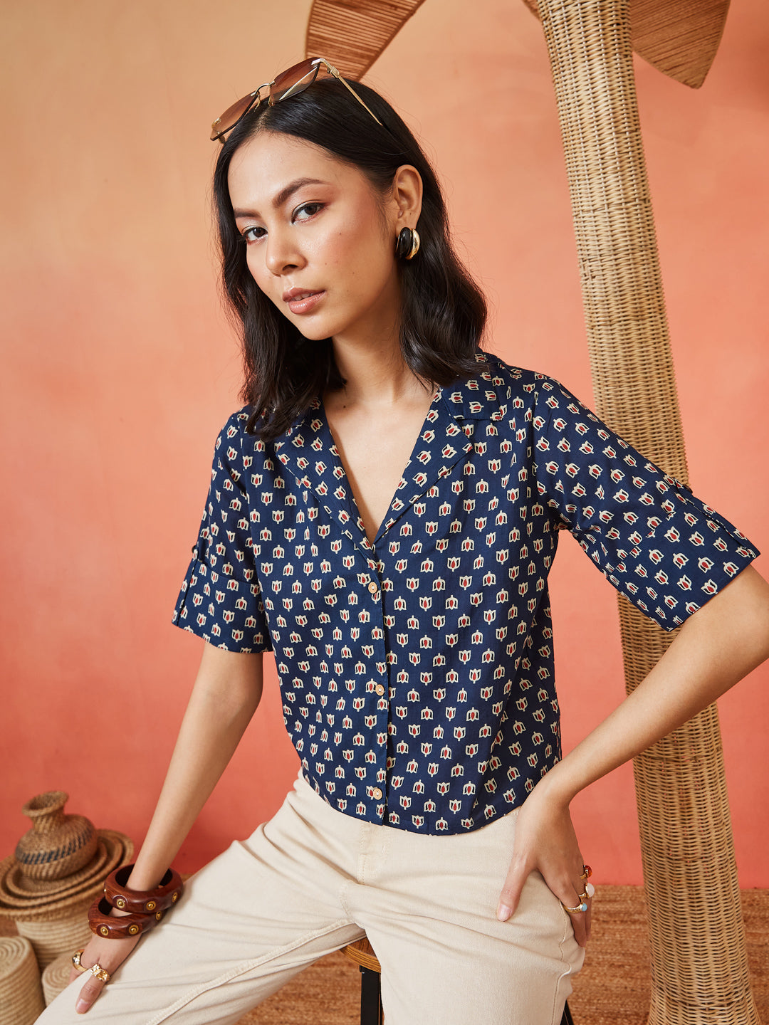 Women's Floral Printed Cotton Shirt Style Top